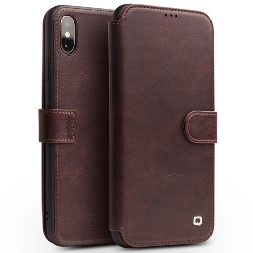QIALINO Matowy Skórzany Pokrowiec iPhone XS Max czekoladowy