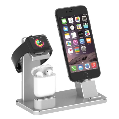 Aluminiowy Stojak Ładowarka do Apple Watch iPhone AirPods srebrny