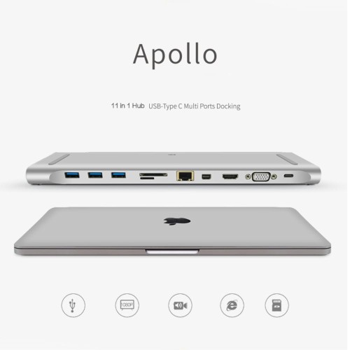 Adapterprzejściówka HUB WIWU APOLLO 11w1 USB3.0/HDMI/VGA/DP/RJ45/SD srebrna
