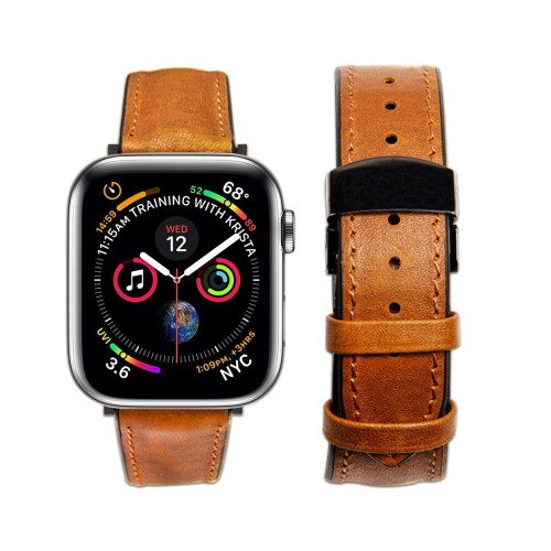 Skórzany Pasek QIALINO do Apple Watch 42mm / 44mm brązowy jasny
