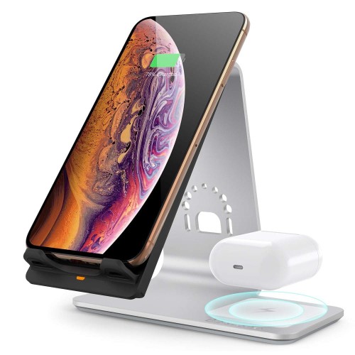 Aluminiowy Stojak Ładowarka Bezprzewodowa do Apple iPhone AirPods srebrna