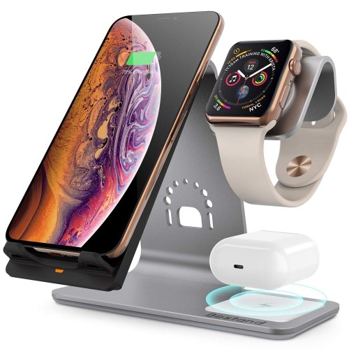 Aluminiowy Stojak Ładowarka Bezprzewodowa do Apple Watch iPhone AirPods szara