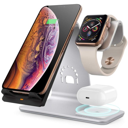 Aluminiowy Stojak Ładowarka Bezprzewodowa do Apple Watch iPhone AirPods Pro srebrny