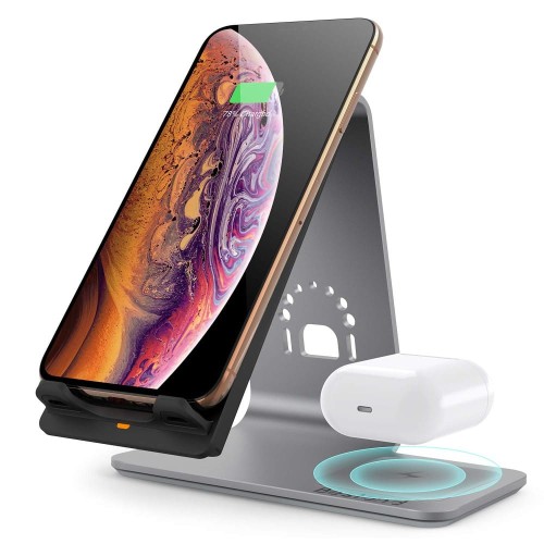 Aluminiowy Stojak Ładowarka Bezprzewodowa do Apple iPhone AirPods Pro szara