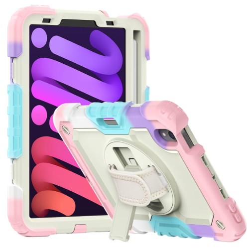 Shockproof Pancerne Etui Obudowa z Pen Slot i Paskiem do iPad Mini 6 beżowo-różowe