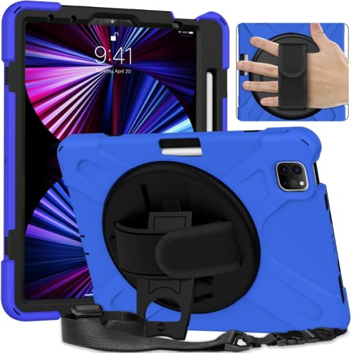 Shockproof Pancerne Etui z Uchwytem i Paskiem do iPad Pro 11 2021/2020/2018 niebieskie