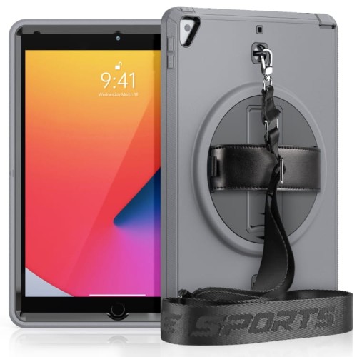 Pancerne Etui Shockproof z Uchwytem i Paskiem do iPad 10.2 9/8/7 szare
