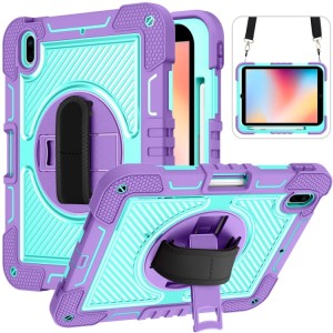Pancerne Etui Shockproof  z Uchwytem i Paskiem do iPad 10 2022 10 gen fioletowo-zielone