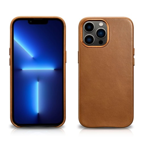 iCarer Skórzane Etui Plecki Obudowa Magsafe do iPhone 13 Pro Max brązowe jasne