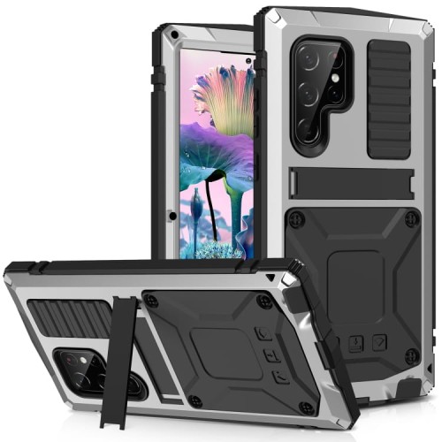 R-JUST Mocne Pancerne Etui Antywstrząsowe do Samsung Galaxy S23 Ultra 5G srebrne