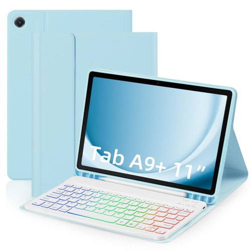Niebieskie Etui Podświetlana Klawiatura do Samsung Galaxy Tab A9 Plus