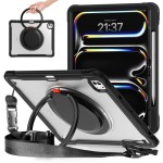 Pancerne Etui z Uchwytem, Podstawką i Paskiem do iPad Pro 13 2024 transparentno-czarne