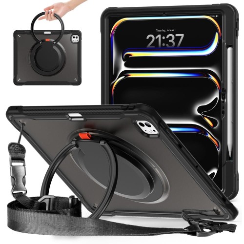 Pancerne Etui z Uchwytem, Podstawką i Paskiem do iPad Pro 13 2024 czarne