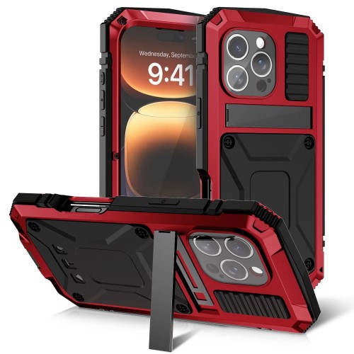 R-JUST Pancerne Etui Antywstrząsowe do iPhone 16 Pro Max czerwone