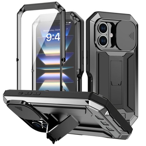 R-JUST Pancerne Etui Antywstrząsowe do iPhone 16 Plus czarne