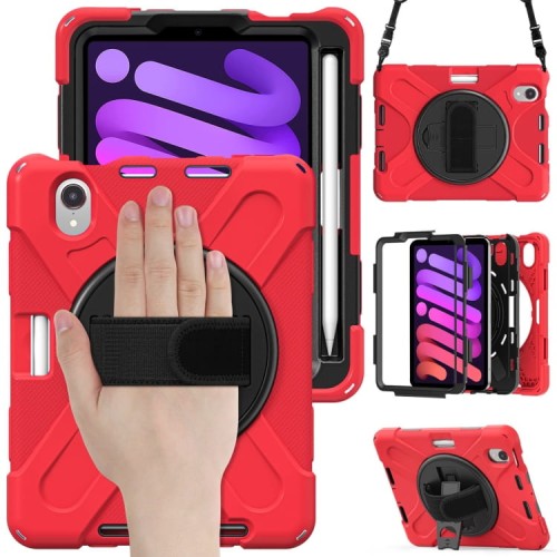 Shockproof Pancerne Etui Obudowa z Paskiem do iPad Mini 7/6 czerwone