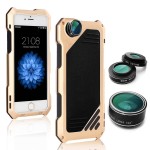 Aluminiowe Pancerne Etui iPhone 5 5S SE + 3 Obiektywy Złote